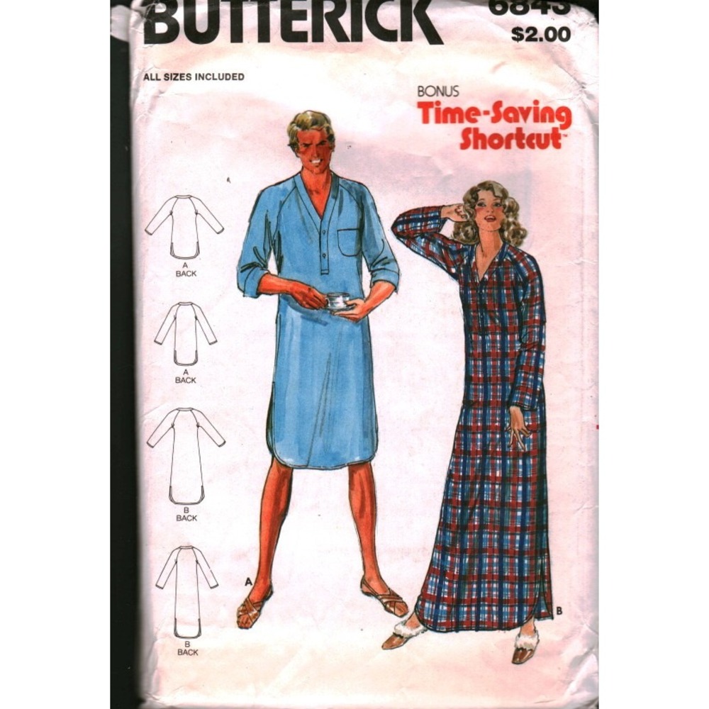 Vintage Butterick 6843 Unisex Nightshirt Sewing‎ Pattern Men Women Multi Size